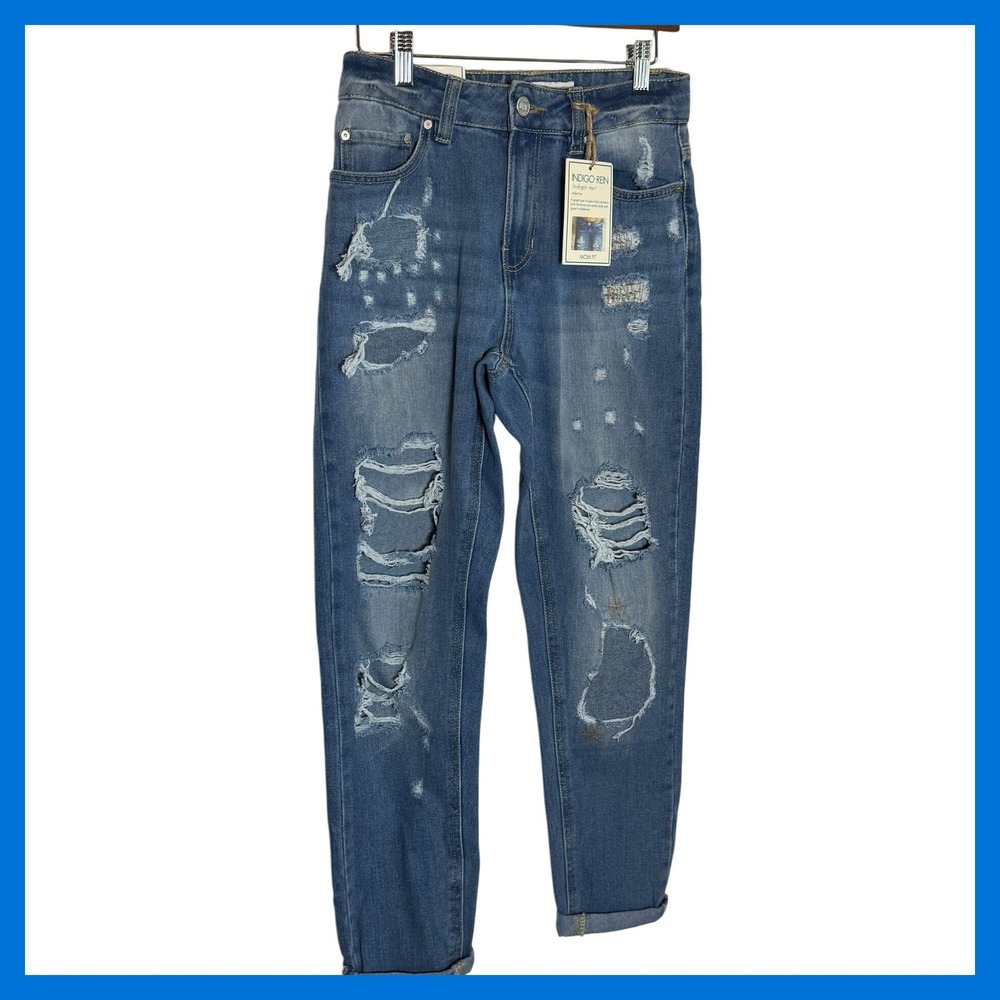 Indigo Rein Mom Fit Distressed Jeans Medium Wash Size 5 W26 L27 High Rise Denim